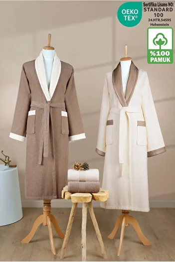 Ellaline Striped Bathrobe Set 100% Cotton Certified 4 Piece Contrast Shawl Family Bathrobe Set |   Dowry Set