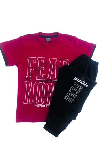 Tarık Boy's 100% Cotton Claret Red Fear None Printed Short Sleeve Pajama Set
