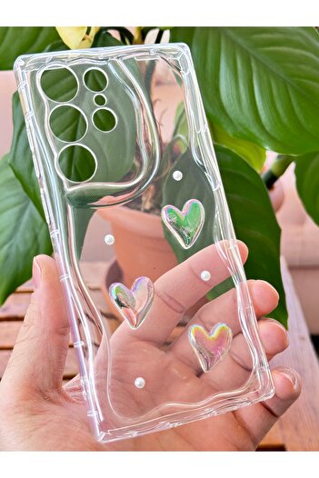 Fibaks Case for Samsung Galaxy S23 Ultra 3D Heart Pearl Design Patterned Camera Protection Transparent Silicone Cover