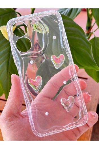 Fibaks Case for Xiaomi Redmi 13C 3D Heart Pearl Design Patterned Camera Protection Transparent Silicone Cover