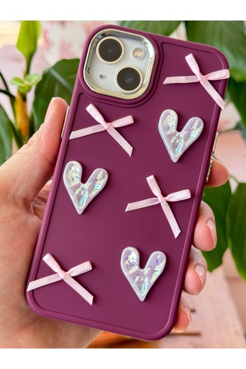 Fibaks Apple iPhone 13/14 Case Camera Protruding Heart Bow Pattern Burgundy Soft Silicone Cover