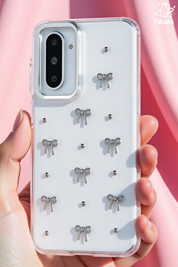 Fibaks Galaxy A56 Compatible Case Bow Pattern Transparent Glitter Silver Camera Protruding Glossy Cover