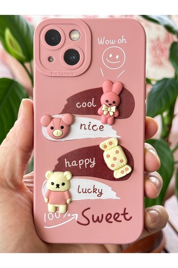 Fibaks iPhone 15 Compatible Case Designed Patterned Camera Protection Rabbit Pink Soft Silicone Cover