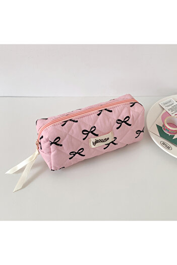 Choice black Sweet Girl Pencil Pouch Bow Ribbon Decoration Fabric Pencil Pouch School Stationery Organizer