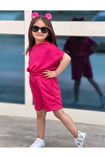 KTT TEKSTİL Girl's Hooded Short Sleeve Blouse and Shorts 2 Piece Summer Set