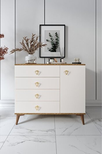 mapahomeliving Simple 4 Çekmeceli 1 Kapaklı Modern Şifonyer Ekru Ceviz