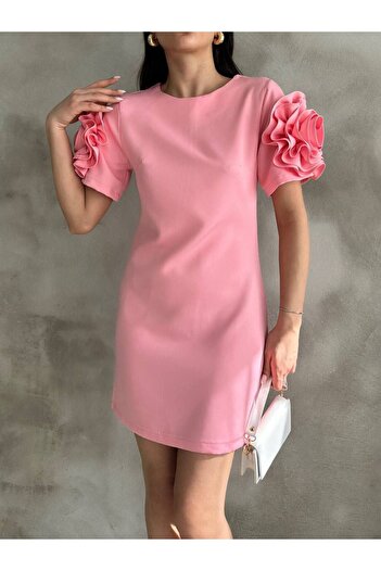 LE CARAMBOLE Women's Pink Shoulder Rose Detailed Short Dress