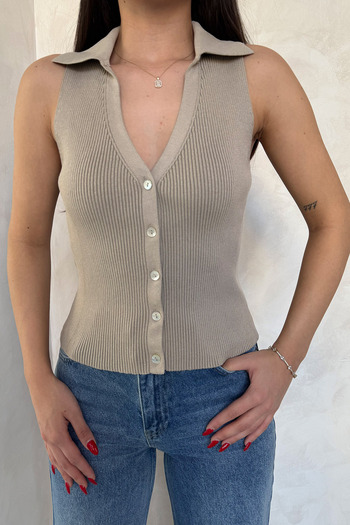 Seda Yalçın Atelier Bej Sya Polo Yaka Triko Yelek