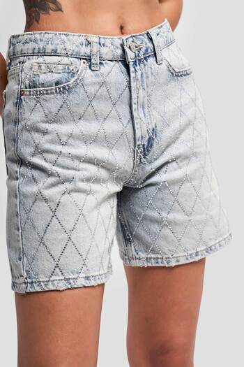 its basic Women's Tint Color Shiny Jewelled Mom Fit Denim Shorts