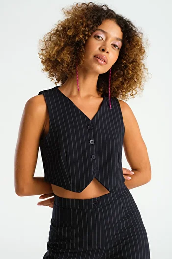 its basic Women's Navy Blue Striped Color Front Buttoned Crop Fit Fabric Vest