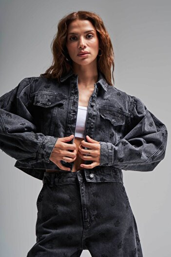 its basic Smoke Colored Women's Jacket - Black Embroidery, Loose Fit Design