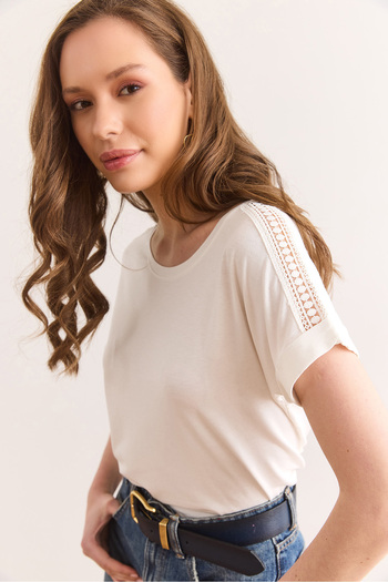 Olalook Ecru Schulterbluse aus Guipure-Strickviskose für Damen Blz-19002929