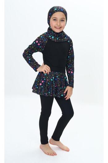 Lolliboomkids Modest Swimwear Star Print Patterned Diver Fabric Long Tights with Skirt Long Sleeve 3 Piece Swimsuit Set