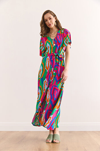 Olalook Fuchsiagrünes, geknöpftes Maxi-Viskose-Hemdkleid mit Gürtel für Damen Elb-19002382