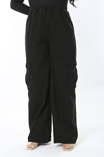 Şans Women Large Size Black Beli Alte Taki High Waist Wide Leg Cargo Pocket Denim Pants