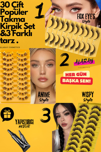 alaraycosmetics ALARA'NIN KİRPİK KOLEKSIYONUNDAN 30 ÇİFT 3 FARKLI STIL TAKMA KIRPIK SETİ