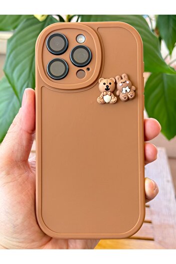 Fibaks iPhone 15 Pro Compatible Case Designed Patterned Camera Protection Teddy Bear and Rabbit Soft Silicone Cover
