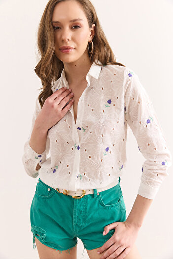 Olalook Women's White Purple Color Floral Cotton Scallop Shirt Gml-19001326