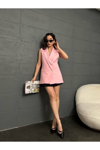 Stil Sepeti Women's Pink Premium Double Breasted Collar Lined Long Blazer Vest Drl- 100078520