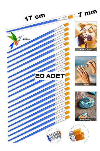 Artshop 20 Adet Düz Uçlu Standart Boyama Fırçası Akrilik, Yağlı. Sulu, Guaj Boya, Parmak Boyası İçin