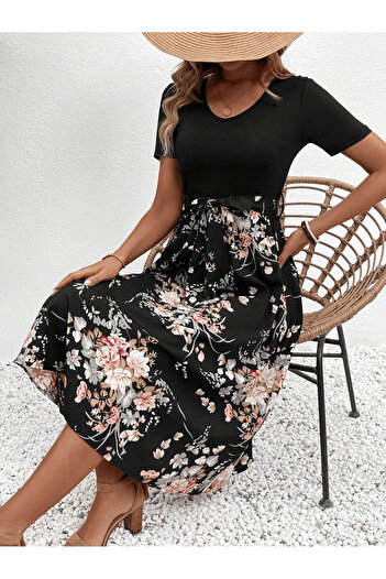 JANES Women's Black Floral Print Short Sleeve Casual Summer Dress