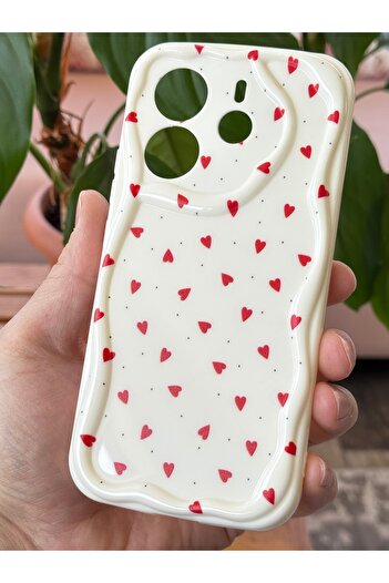 Fibaks Xiaomi Redmi Note 14 4G Uyumlu Kılıf Kamera Korumalı Kenarlı Kırmızı Kalp Desenli Silikon Kapak