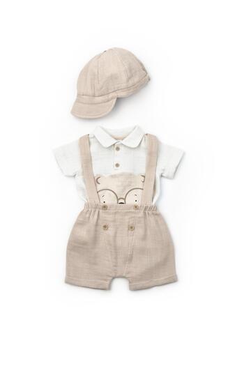 Magu Baby Boy Muslin Beige Strappy Shorts Set - Teddy Bear Printed T-Shirt and Hat 100% Cotton Set of 3
