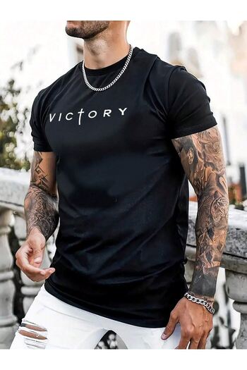 VBSVİBES Victory Printed Single Jersey Black T-Shirt - Oversize Crew Neck T-Shirt