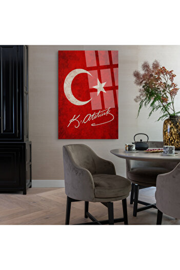 TAULART DİKEY TÜRK BAYRAĞI ATATÜRK İMZALI KIRILMAZ CAM TABLO ATATÜRK TABLOSU TÜRK BAYRAĞI
