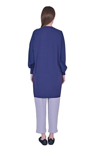 Invee Kolları Triko Yaka Fermuarlı Şifon Tunik Indigo