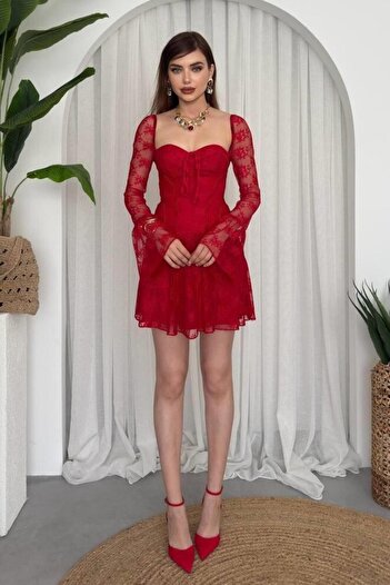 lovebox Shiny Long Sleeve Red Lace Mini Dress - ETK-001