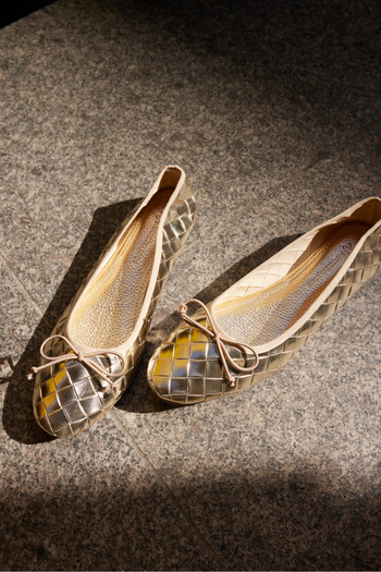 ANGELİNA JONES Fruta Women's Gold Gold Knitted Pattern Leather Ballet Flats