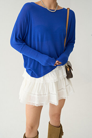 LOOSH Kadın İndigo Kayık Yaka Oversize Bluz