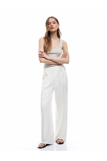 Koton Viscose Linen Blended Asymmetrical Wide Leg Trousers with Pockets and Tie Waist