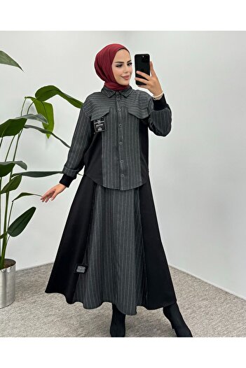 Puane Women's Stripe Transition Label Detailed Skirt Suit Anthracite 14258