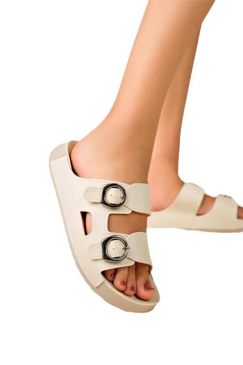 Liger Comfortable Women's Slippers with Anatomical Sole and Buckle - Double Band, Beige