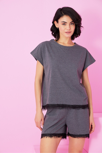 Siyah İnci Anthracite Lace Detailed Crew Neck Knitted Shorts Set