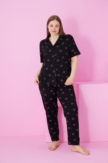 Siyah İnci black pink floral printed Plus Size Battal Size Buttoned Knitted Pajama Set