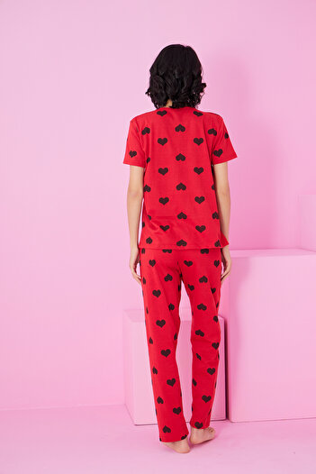 Siyah İnci kırmızı siyah kalp baskılı bisiklet yaka Örme Pijama Takım