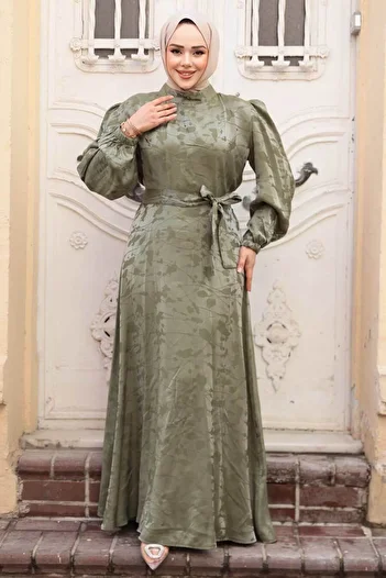 N.S NEVA STYLE Çağla Green Satin Dress - Patterned 52921Cy