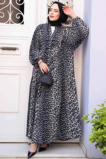 N.S NEVA STYLE Leopard Patterned Gray Hijab Dress 52942Gr