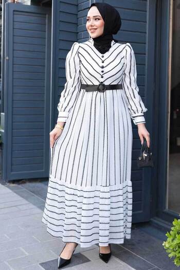 N.S NEVA STYLE Patterned White Hijab Dress 43534B