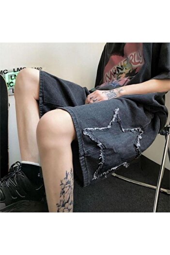 Köstebek Star Patch Detail Streetwear Washed Denim Short Shorts
