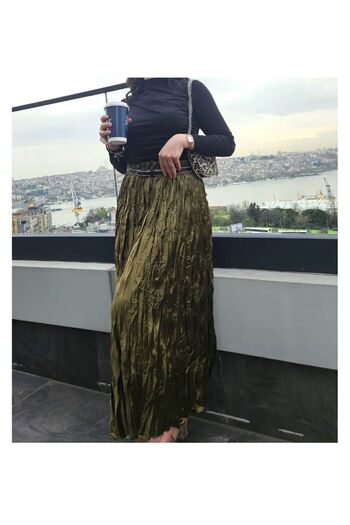 Wual giyim Wual Women's New Season Long Crinkle Look Satin Skirt with Elastic Waist