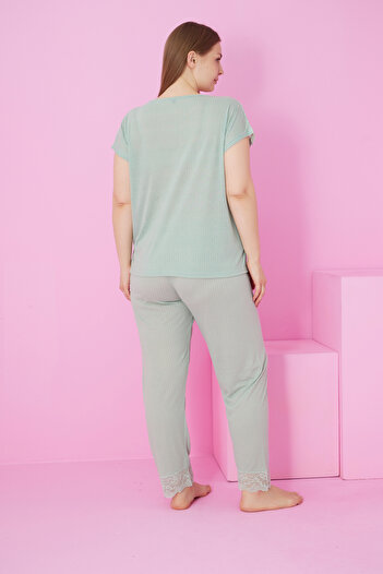 Siyah İnci yeşil Soft Touch İnce Mevsimlik Battal Büyük Beden Dantel Detaylı Örme Pijama Takım7867