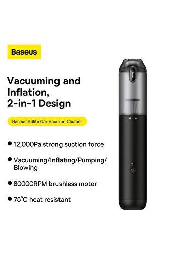 Baseus A3 Lite Car Vacuum Cleaner 3-in-1 12000pa Cordless Air Blower, Inflator & Pump - Black