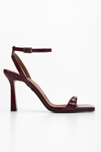 Shoeberry Women's Zerra Burgundy Patent Leather Single Strap Heeled Shoes
