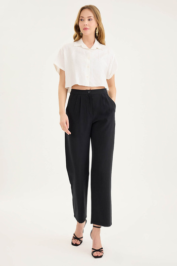 Vitrin High Waist Woven Fabric Pleated Pants