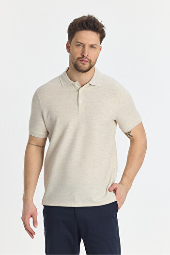 Frappoli Nikol Men's Polo Neck T-Shirt - Slim Fit, Non-Curling Collar, Melange Effect, Cotton Blend