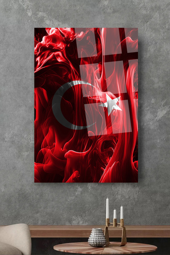 TAULART Dikey Türk Bayrağı Dumanlar İçinde Ay Yıldız Tasarımı Ofis İş Yeri Hediyesi Cam Tablo